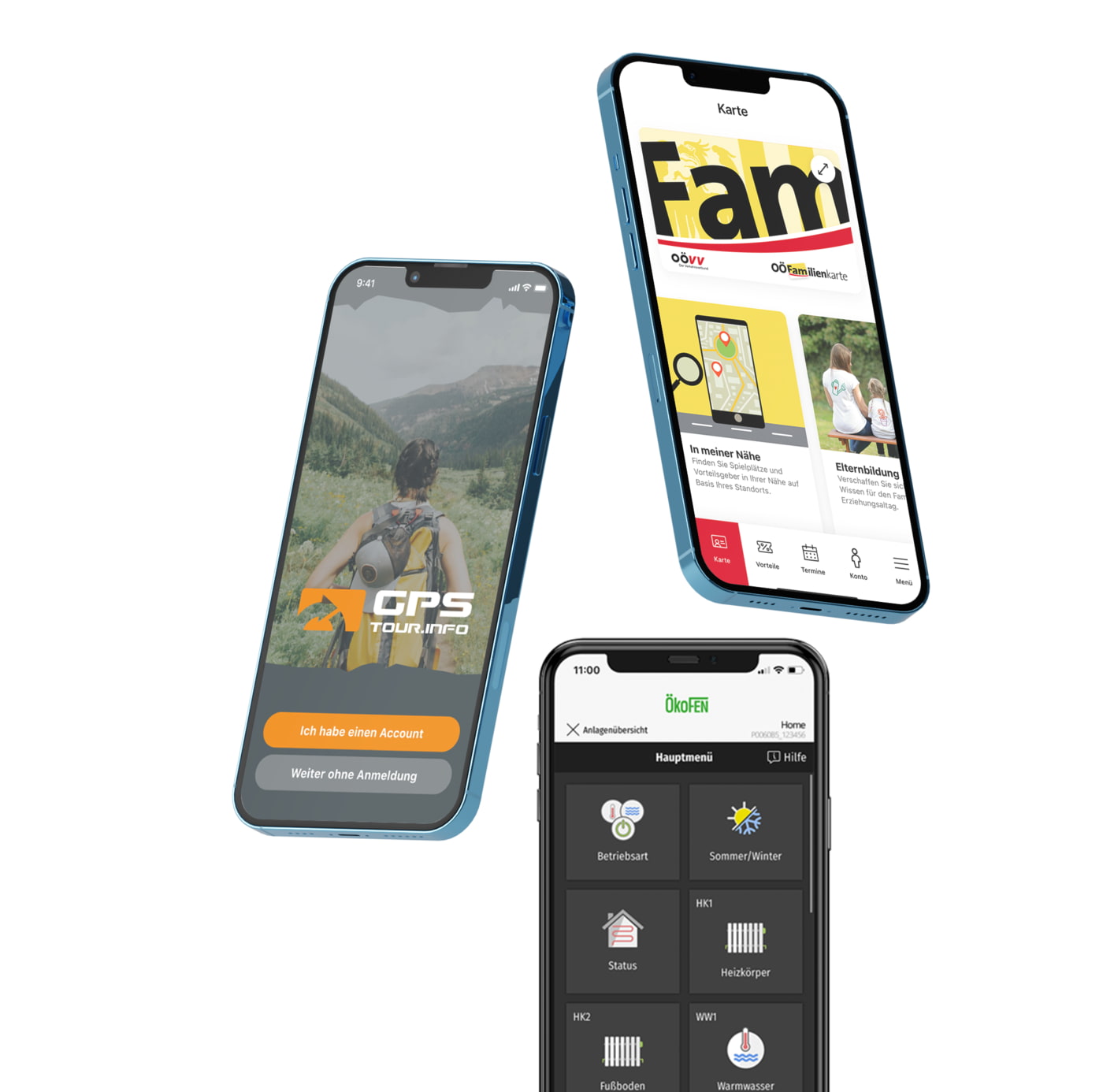 3 Handys mit den Apps von GPS Tourinfo, Familienkarte und ÖkoFEN