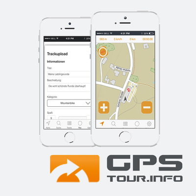 GPS-Tour.Info geöffnet auf 2 Handys, Logo unter den Handys
