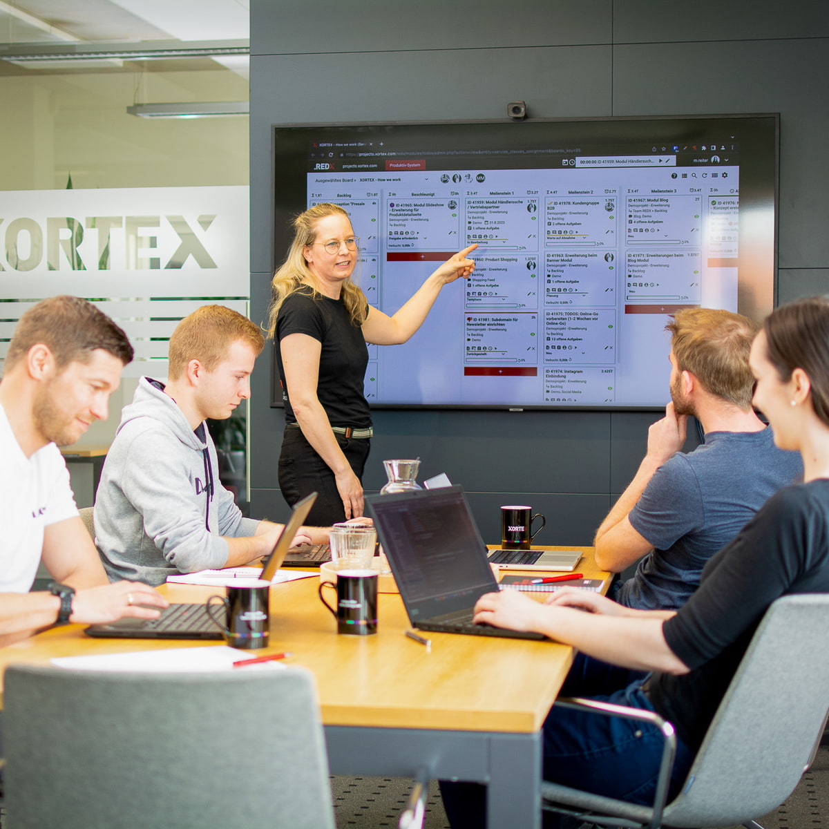 XORTEX-Team im Besprechungsraum mit Kanban-Board