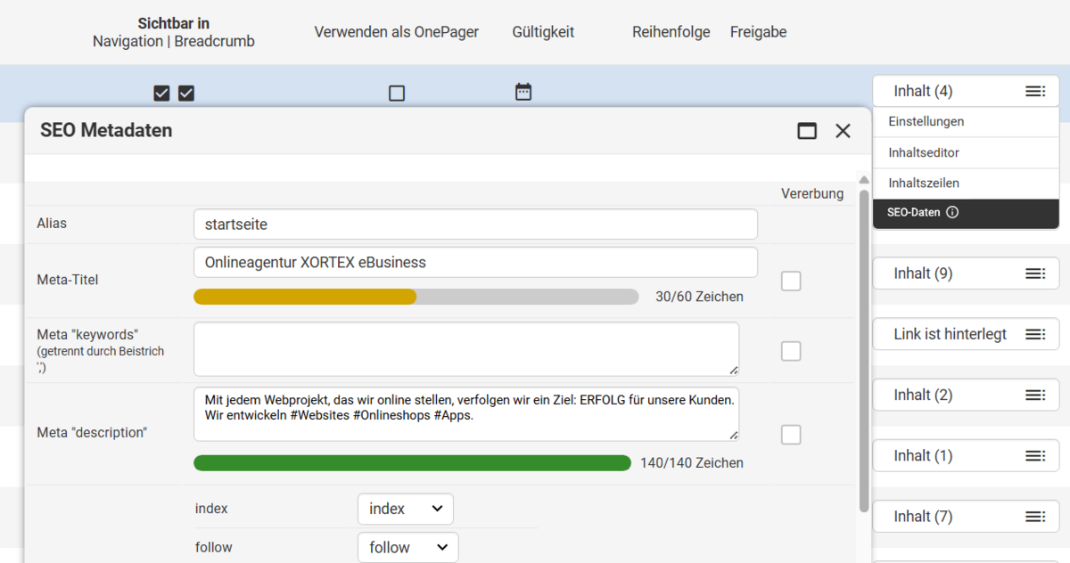 Inhalte-Menü mit Unterpunkt SEO-Daten und den Daten in der Eingabemaske dazu