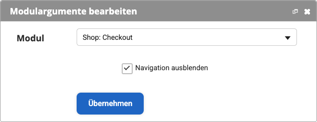 Backend Übersicht von Modul Shop Checkout mit der aktivierten Checkbox Navigation ausblenden