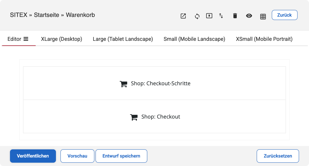 Im Backend auf einer Inhaltsseite die beiden Module Shop Checkout-Schritte und darunter Shop Checkout angelegt