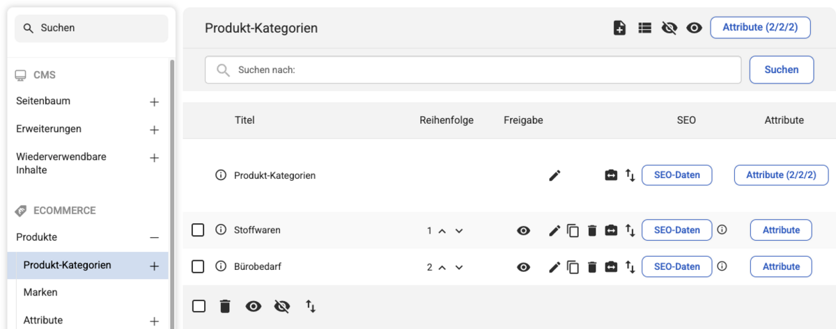 Screenshot der Produkt-Kategorien im Backend mit Icons 'Reihenfolge der Produkte' in jeder Zeile der Beispiel-Kategorien