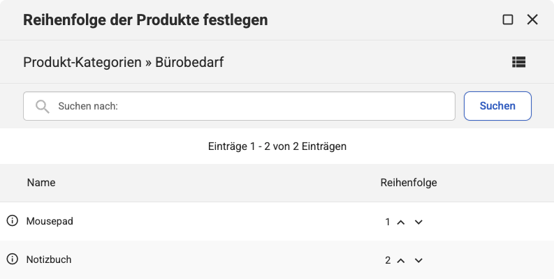 Backend-Ansicht zur Festlegung der Produkt-Reihenfolge: Liste zugeordneter Produkte mit der Möglichkeit, die Position pro Kategorie individuell anzupassen