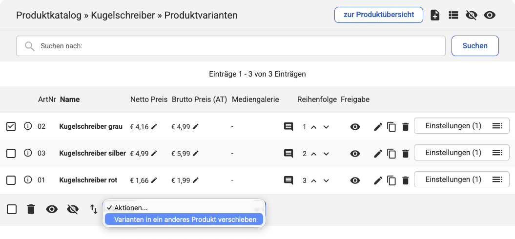 Backend Ansicht der Produkt-Varianten: in der Listenübersicht bei einer Variante die Checkbox aktiviert und unter der Liste das Aktionen-Dropdown geöffnet