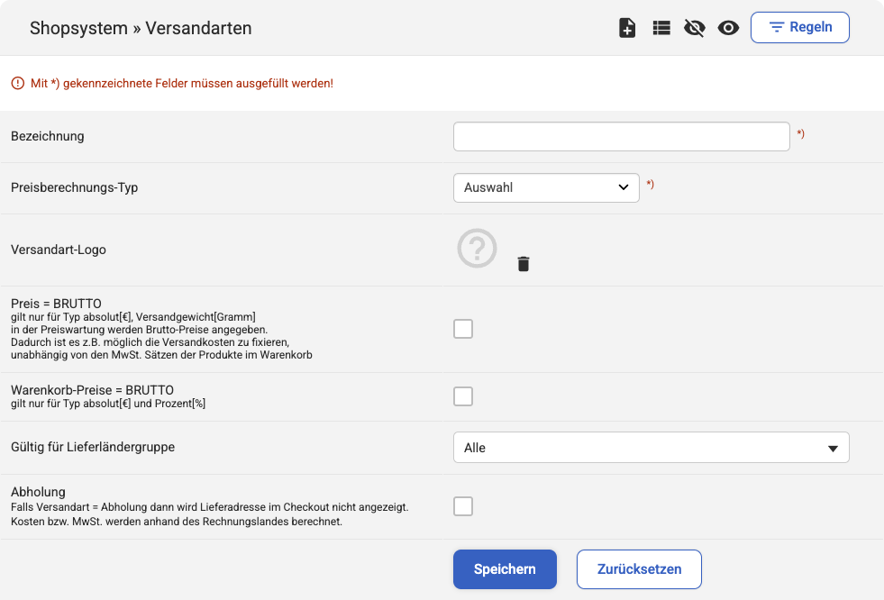 Backend Formular zum Anlegen einer neuen Versandart