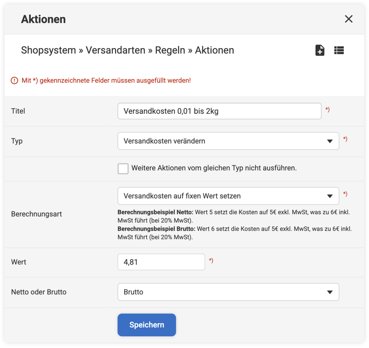 Backend Eingabemaske bei einer Versandarten Aktion mit Typ Versandkosten verändern