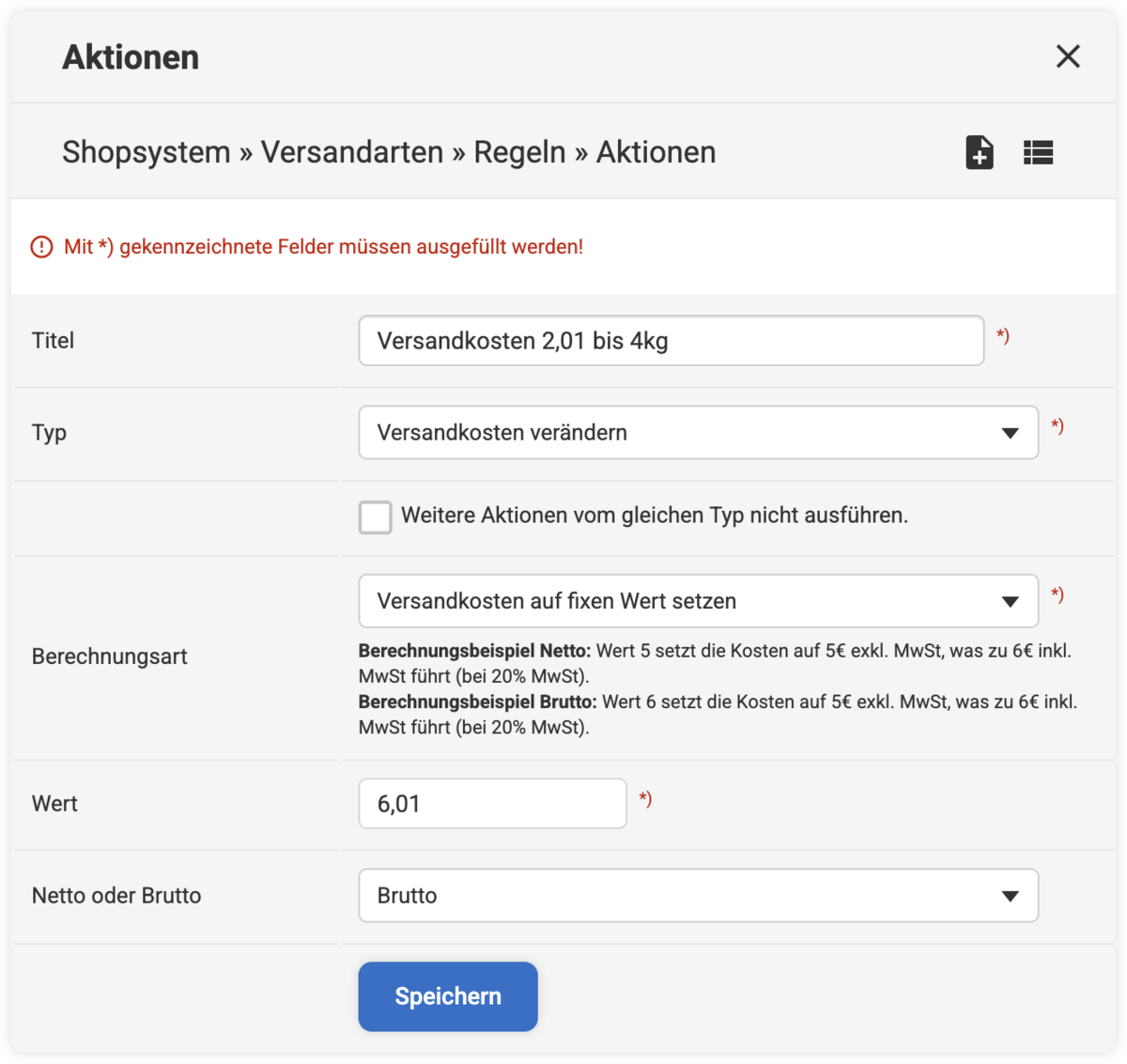 Backend Eingabemaske bei einer Versandarten Aktion mit Typ Versandkosten verändern