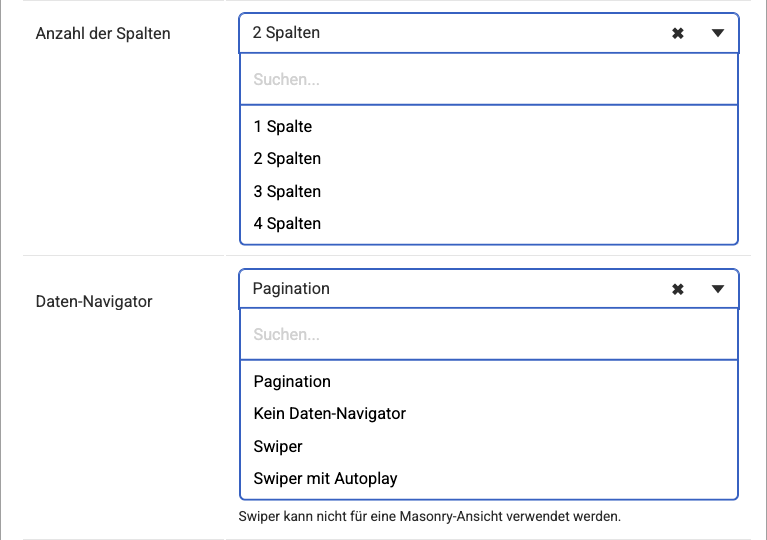 Produktliste Einstellungen für Spalten, Anzahl der Einträge und Daten-Navigator