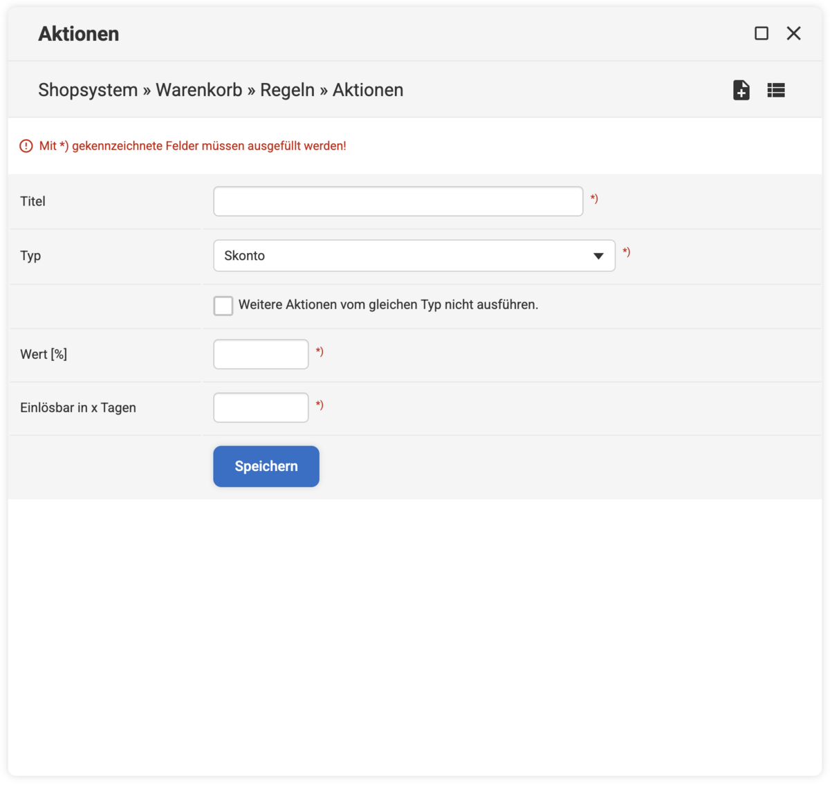 Eingabemaske für die Warenkorb Aktion Skonto