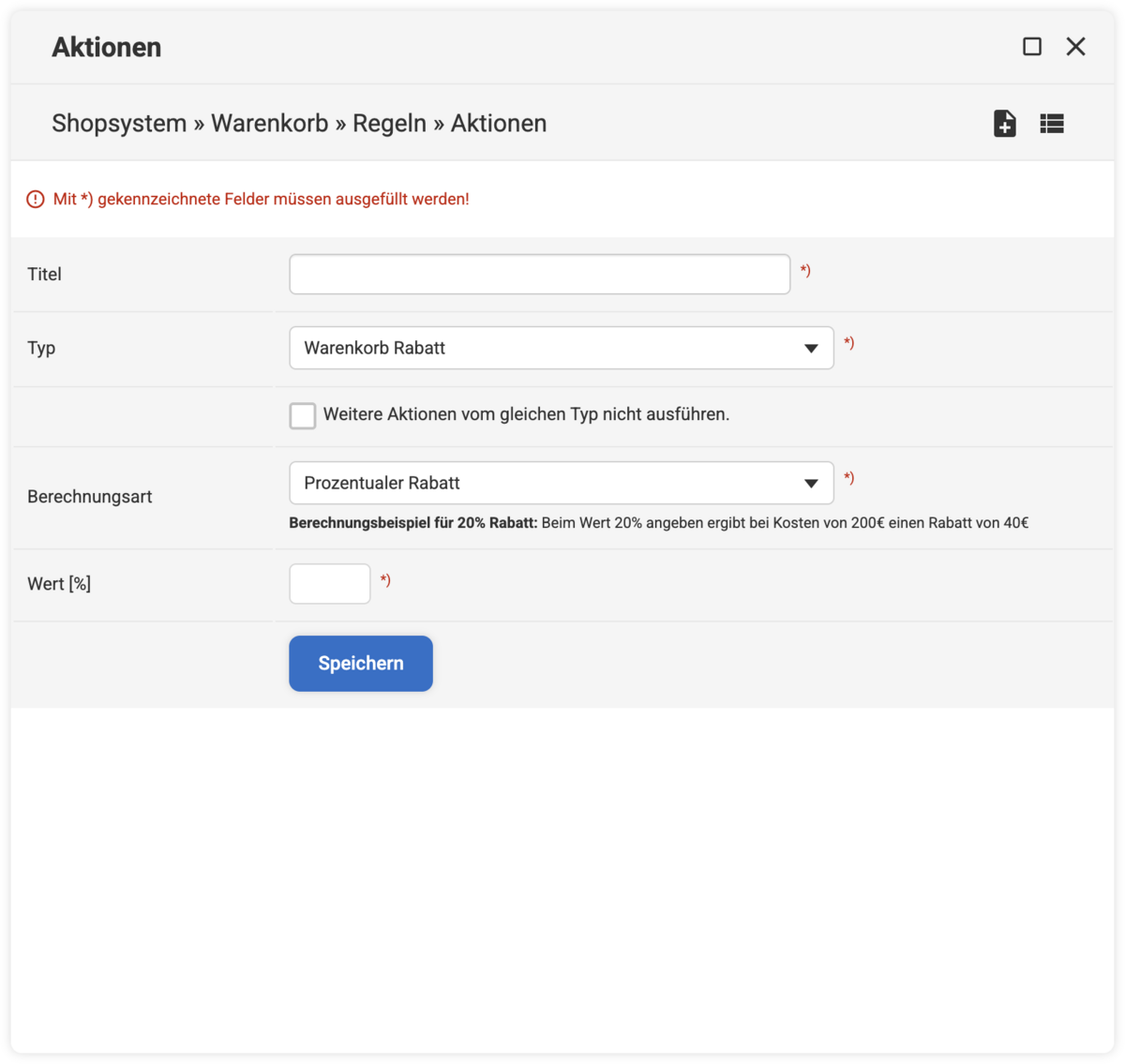Eingabemaske für die Warenkorb Aktion Warenkorb Rabatt