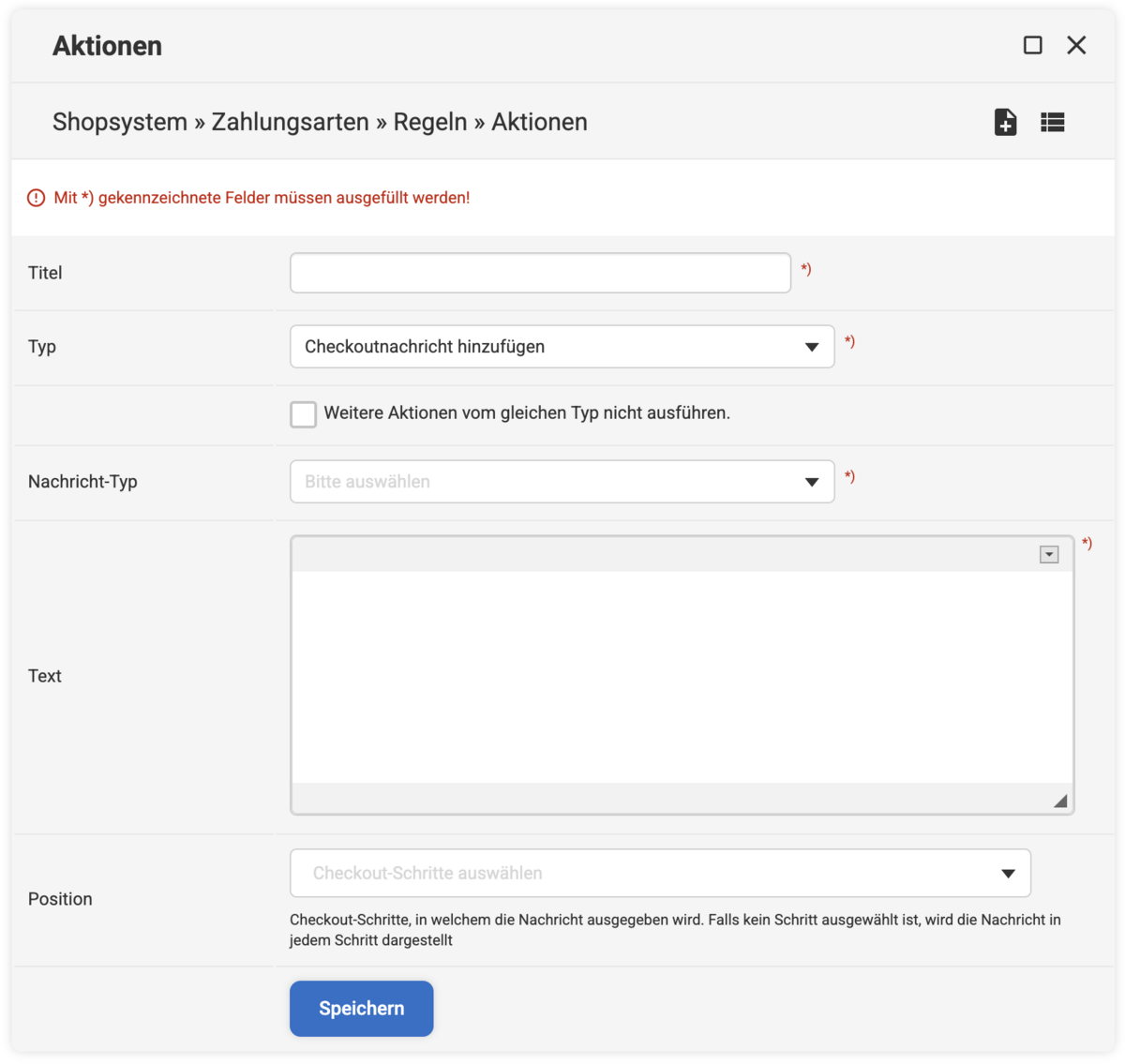 Eingabemaske für die Zahlungsarten Aktion Checkoutnachricht hinzufügen