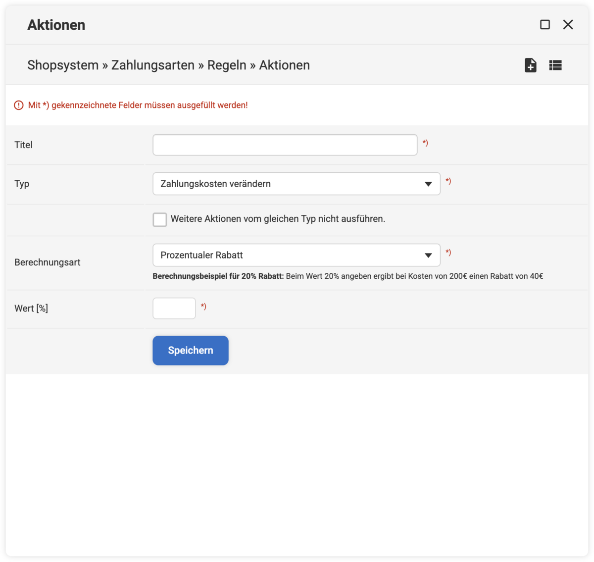 Eingabemaske für die Zahlungsarten Aktion Zahlungskosten verändern