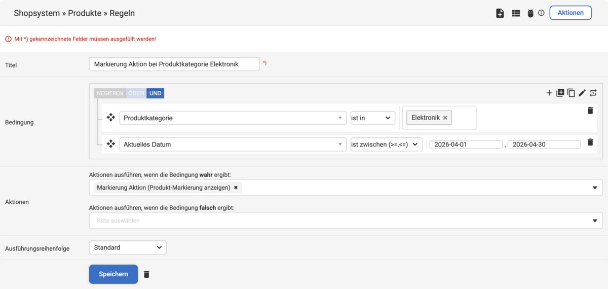 Backend Eingabemaske zum Erstellen einer Produkt Regel für eine Produktmarkierungen