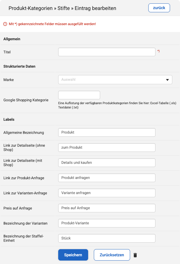 Alle verfügbaren Label-Einstellungen bei Produkt-Kategorien
