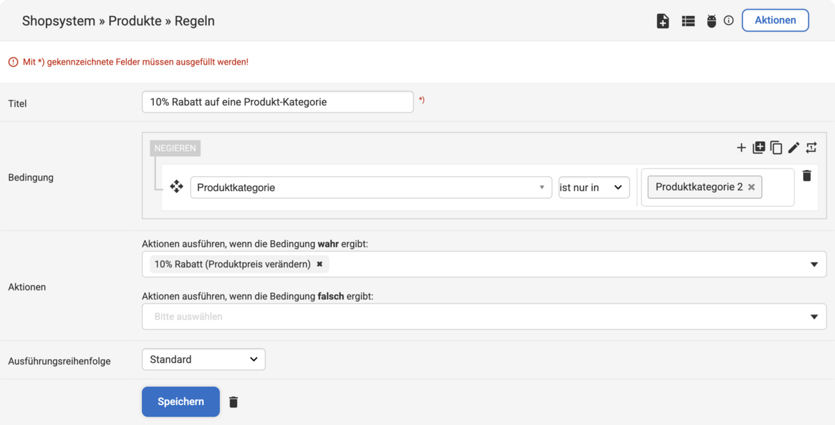 Backend Eingabemaske zum Erstellen einer Produkt Regel für Produktkategorien