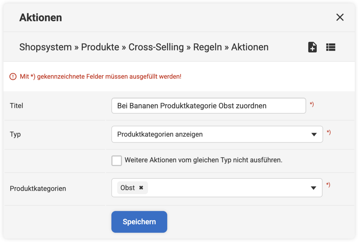 Backend Eingabemaske bei einer Cross-Selling Aktion mit dem Typ Produktkategorien anzeigen