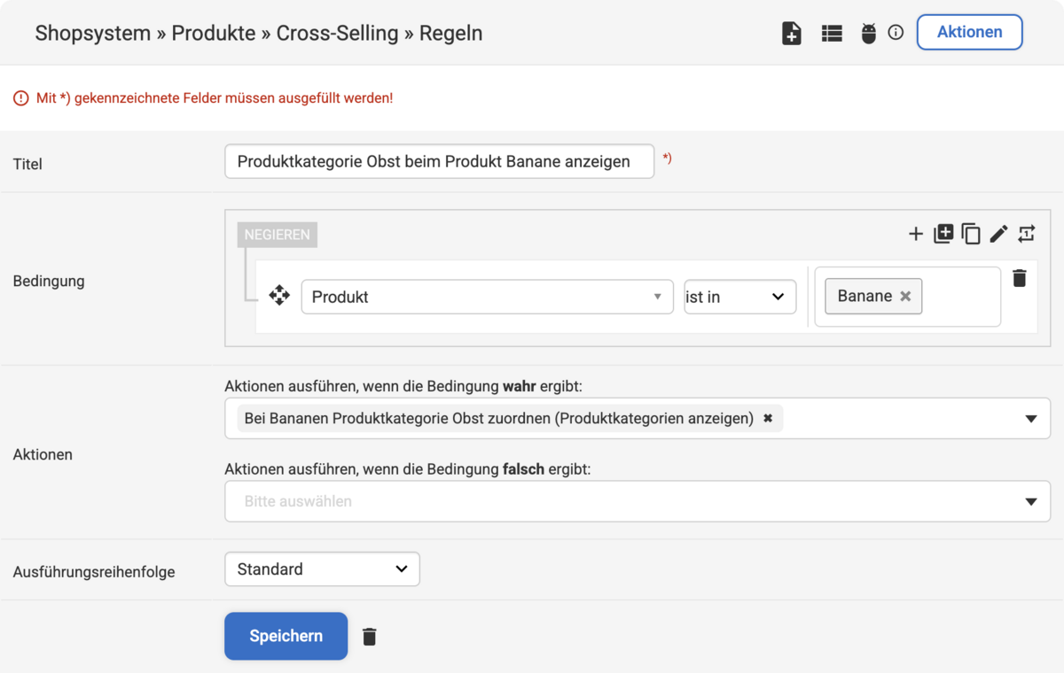 Backend Eingabemaske bei einer Cross-Selling Regel