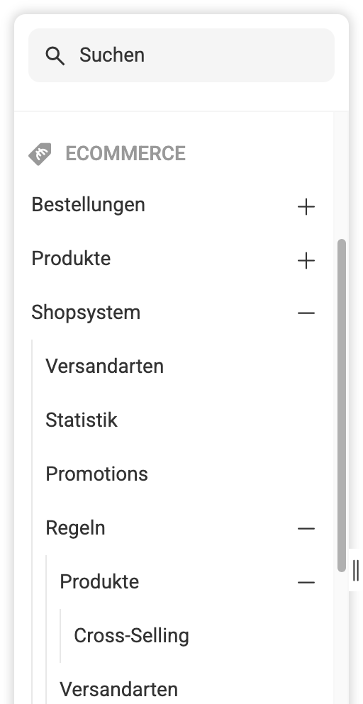 Navigationsbereich mit dem Punkt Cross-Selling als Unterpunkt bei den Produktregeln