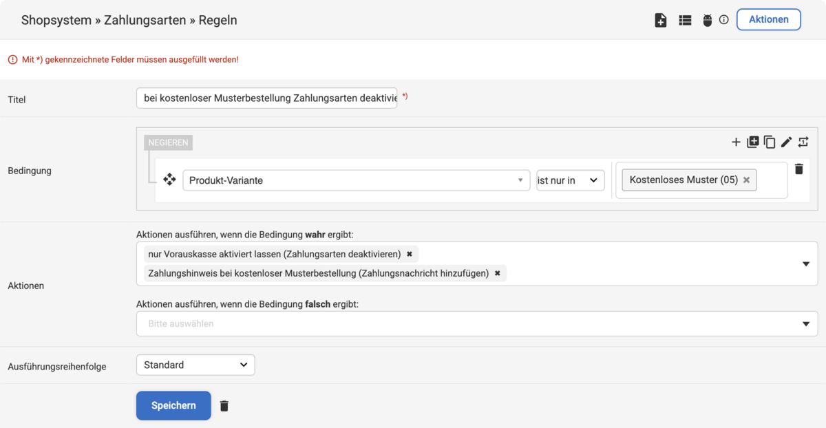 Backend Eingabemaske zum Erstellen einer Zahlungsarten Regel für Zahlungsart bei kostenloser Musterbestellung
