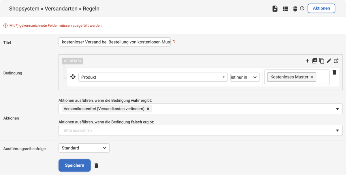 Backend Eingabemaske zum Erstellen einer Versandarten Regel für ein Produkt