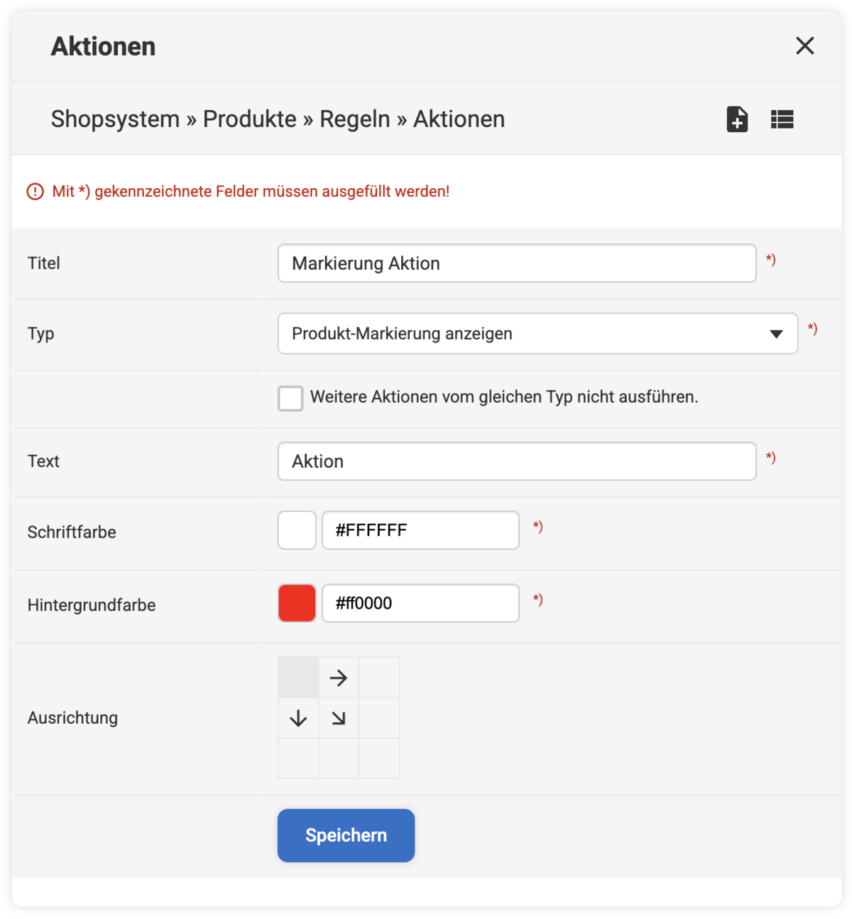 Eingabemaske zum Anlegen der Aktion Markierung Aktion mit Beispielen in den Feldern Titel, Typ, Text, Schriftfarbe, Hintergrundfarbe und Ausrichtung
