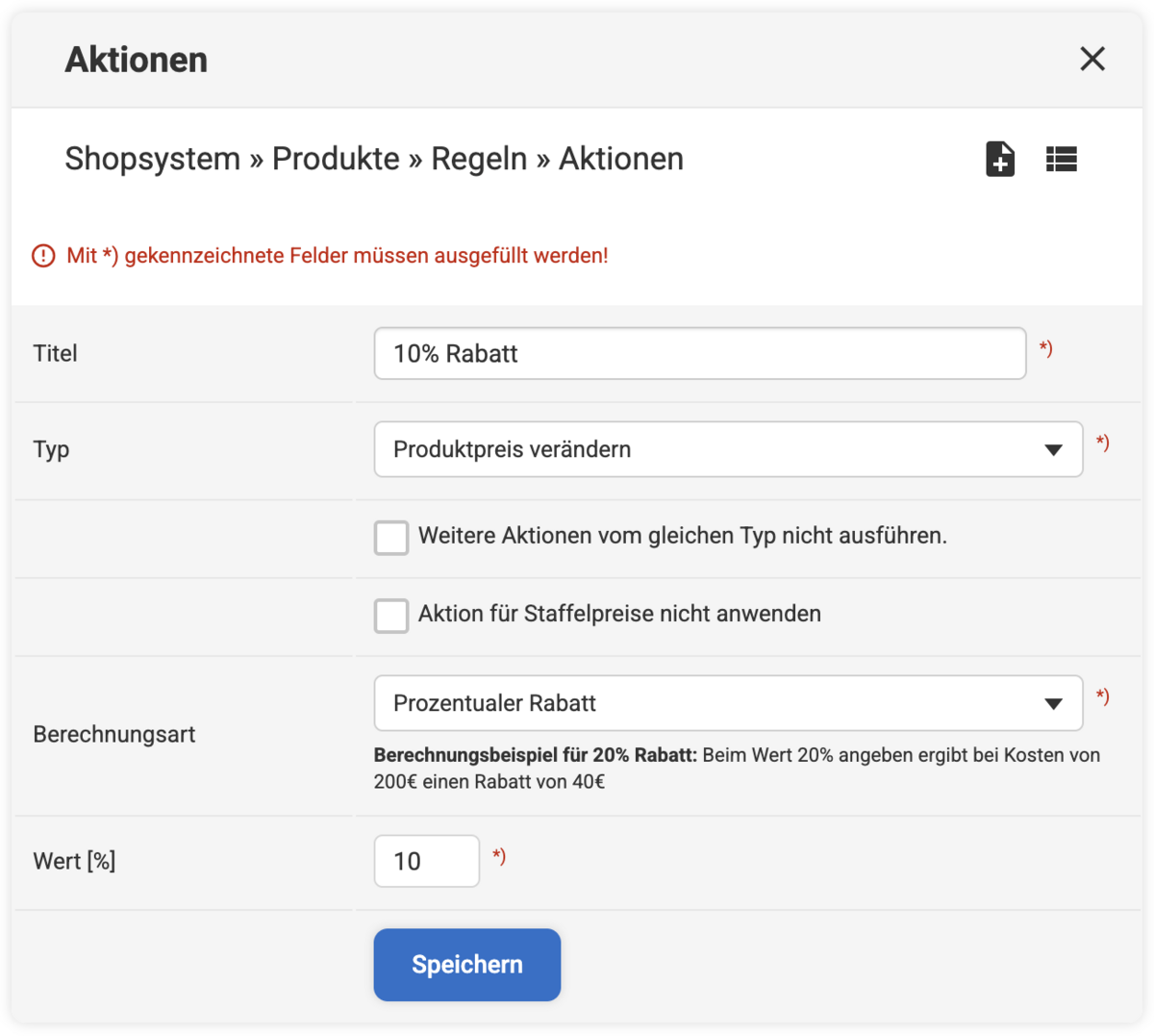 Backend Eingabemaske bei einer Regel Aktion mit Typ Produktpreis verändern