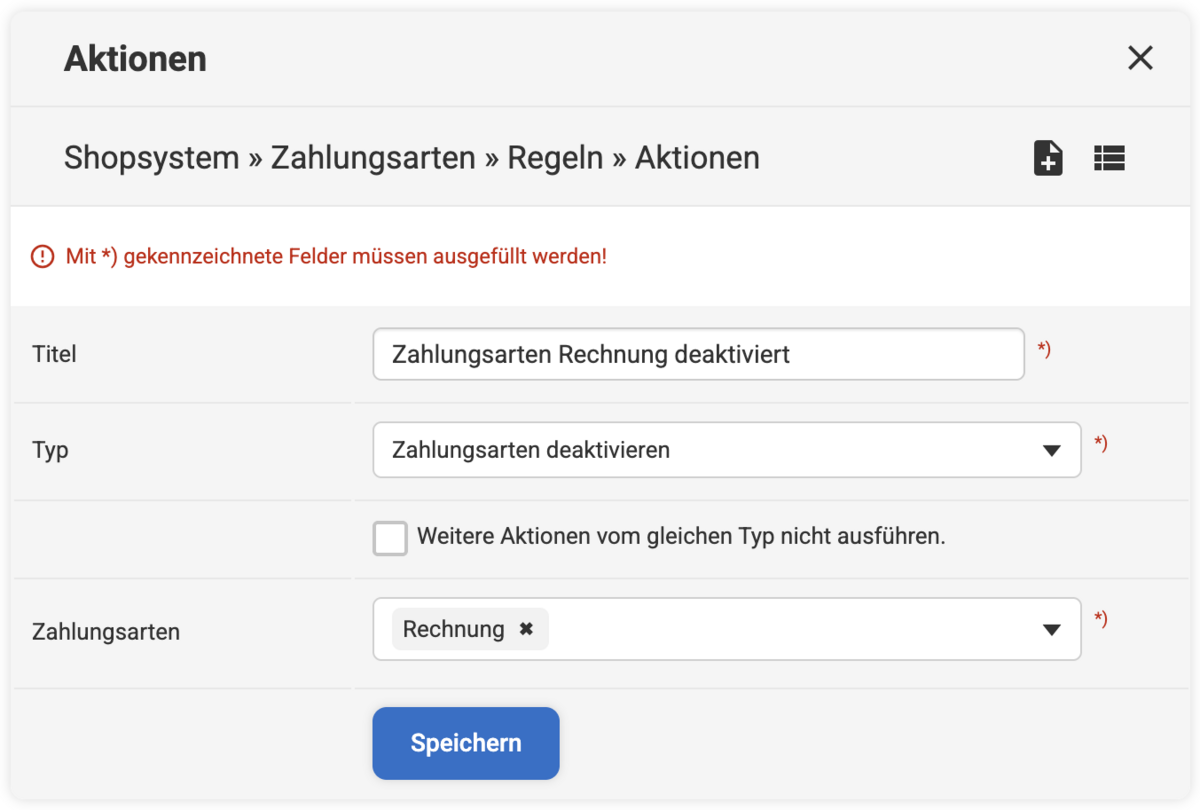 Backend Eingabemaske bei einer Zahlungsarten Aktion mit Typ Zahlungsarten deaktivieren