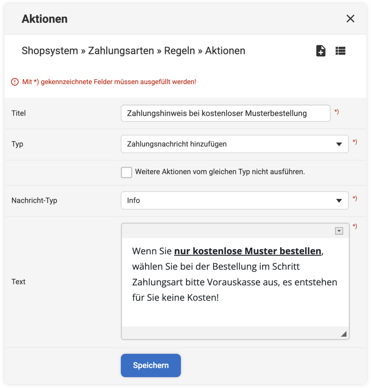 Backend Eingabemaske bei einer Zahlungsarten Aktion mit Typ Zahlungsnachricht hinzufügen