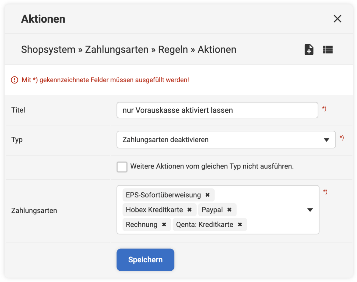 Backend Eingabemaske bei einer Zahlungsarten Aktion mit Typ Zahlungsarten deaktivieren