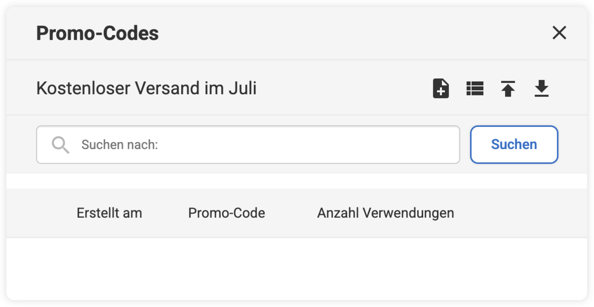 Promo-Codes Listenübersicht zum neu Erstellen, importieren oder exportieren von Promo-Codes