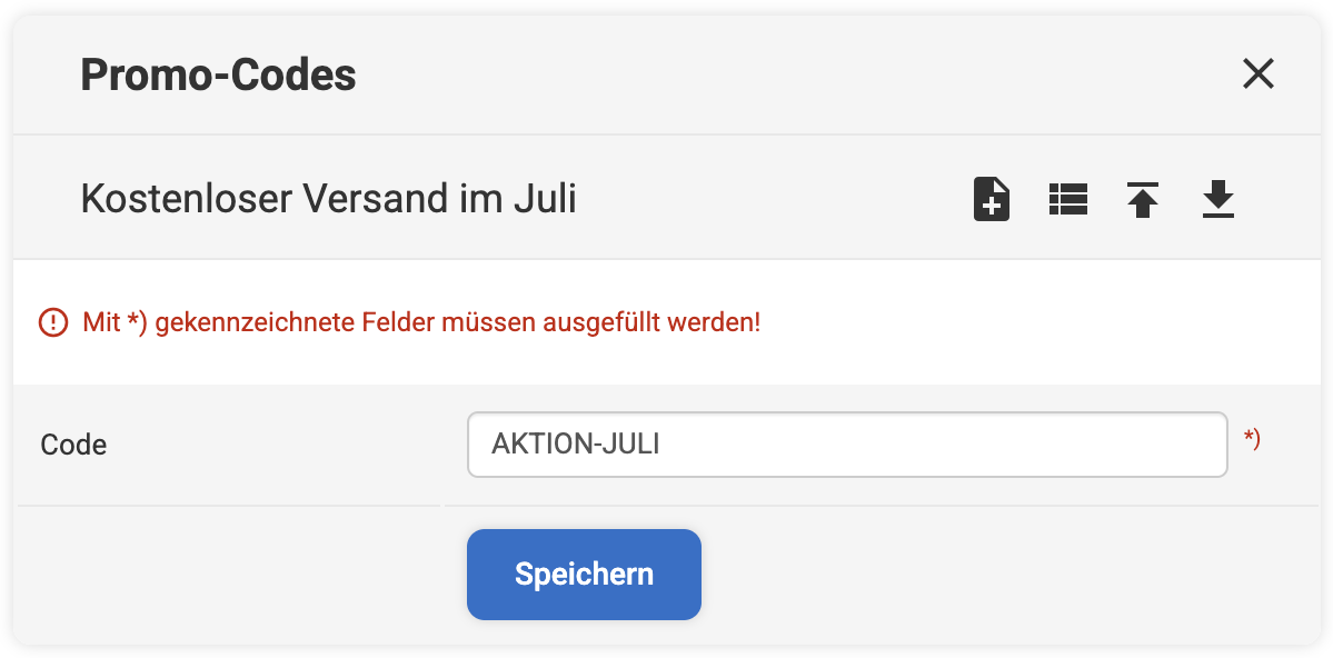 Eingabemaske zum Erstellen eines neuen Codes für eine Promotion