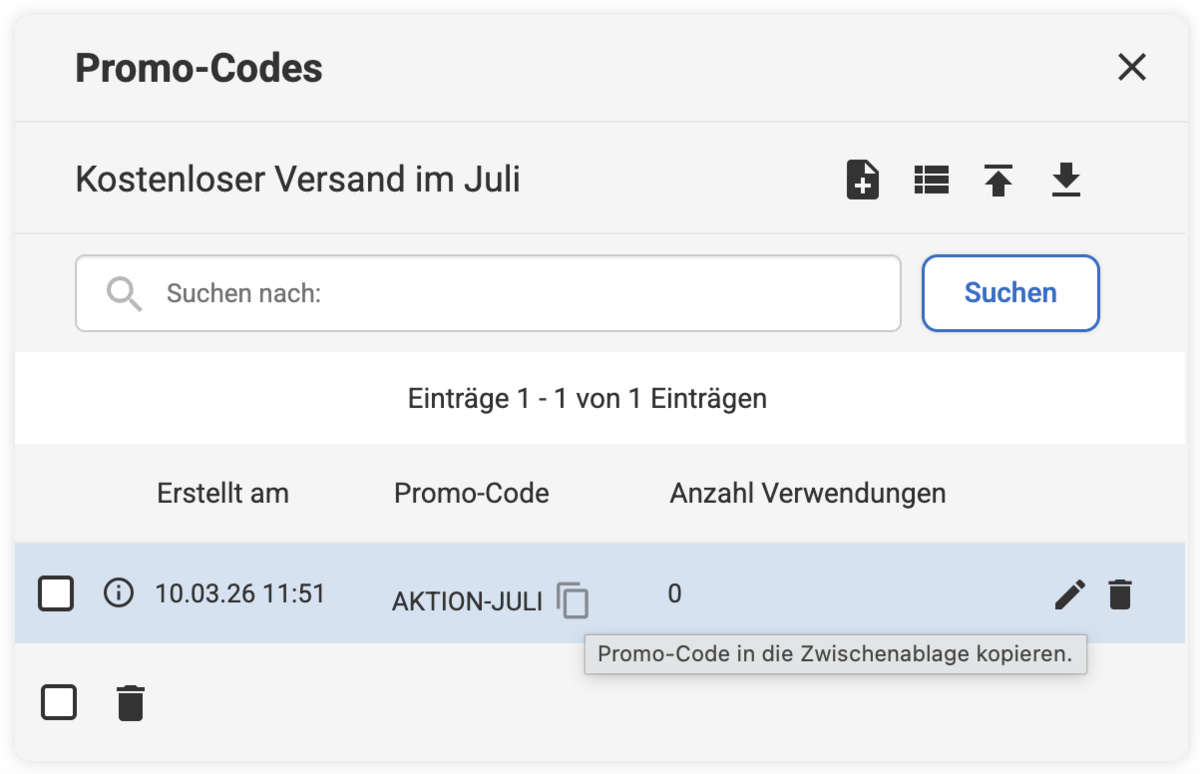 Der Promo-Code kann direkt in der Listenübersicht kopiert werden