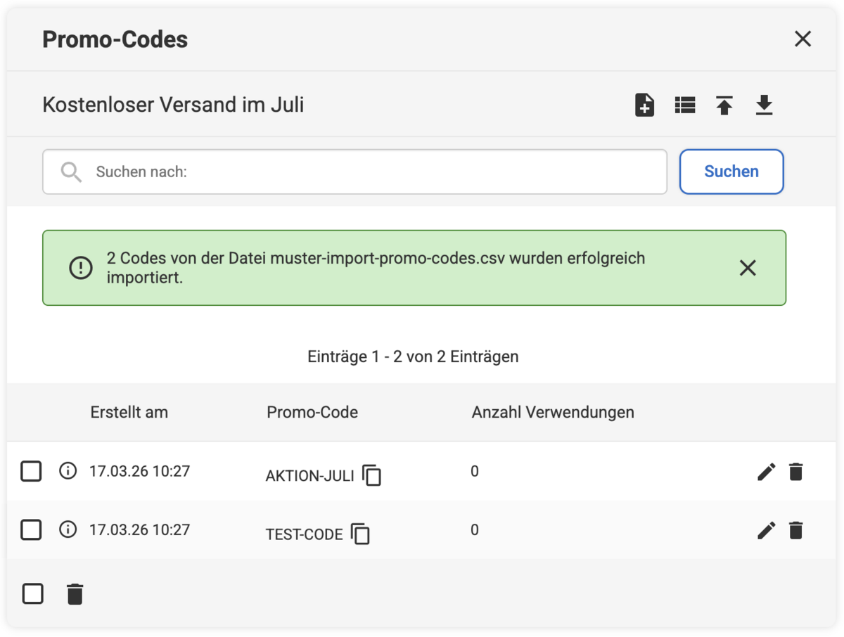 Backend Eingabemaske mit Hinweis, dass 2 Codes erfolgreich importiert wurden
