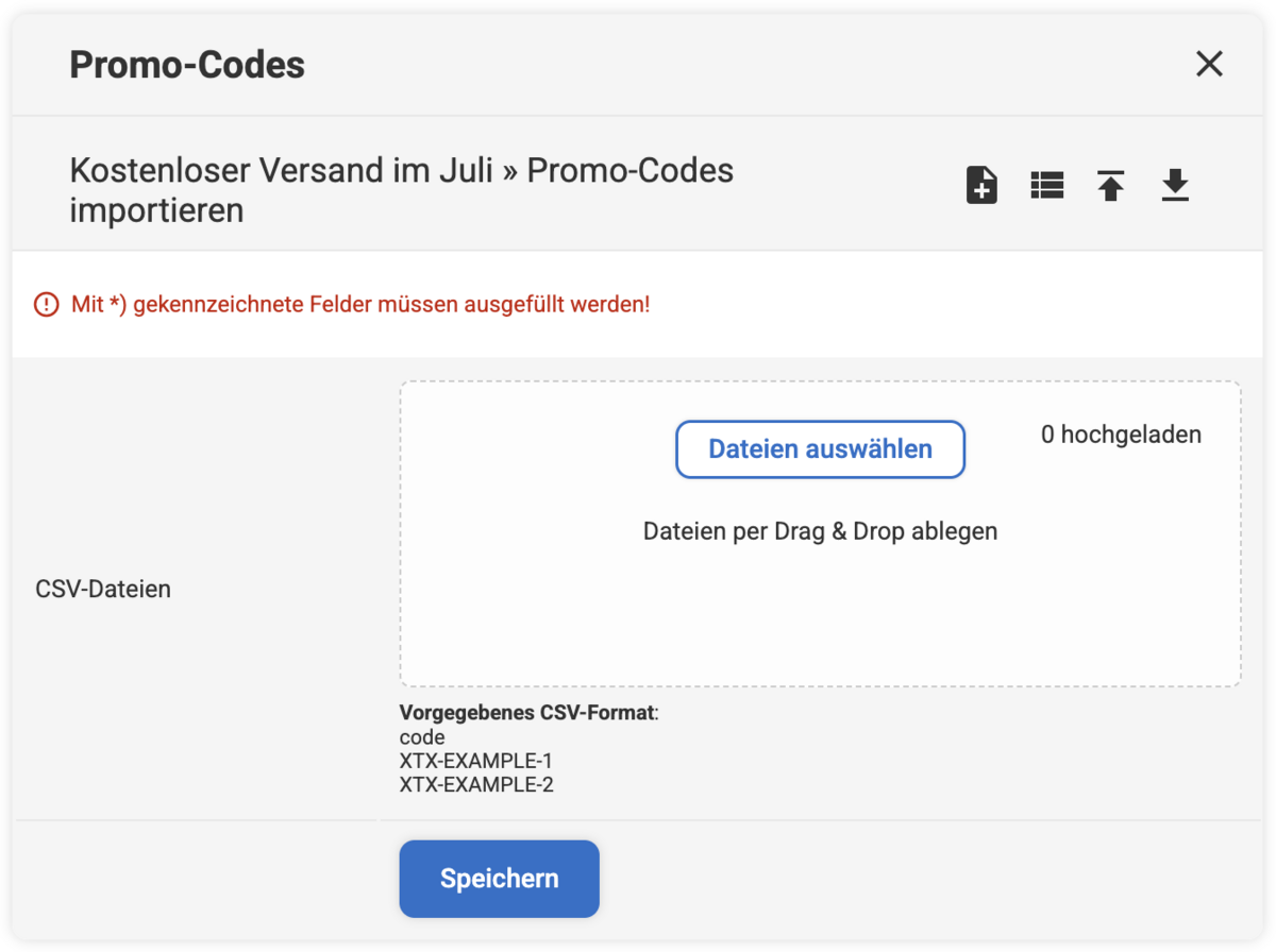 Eingabemaske zum Importieren von Promo-Codes als csv-Datei