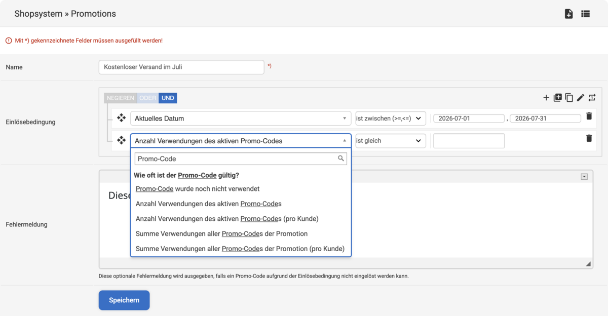 Eingabemaske zum Erstellen der Promotion-Regel mit den Auswahlmöglichkeiten, wie oft diese Promotion verwendet werden darf