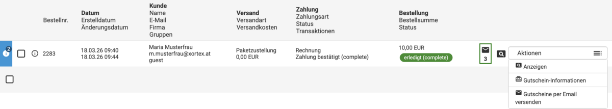 Bestellübersicht bei der ein automatischer Gutschein erzeugt wurde mit weiteren Auswahlmöglichkeiten im Aktionen-Dropdown
