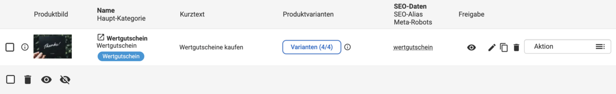 Listenübersicht mit dem Produkt Wertgutschein