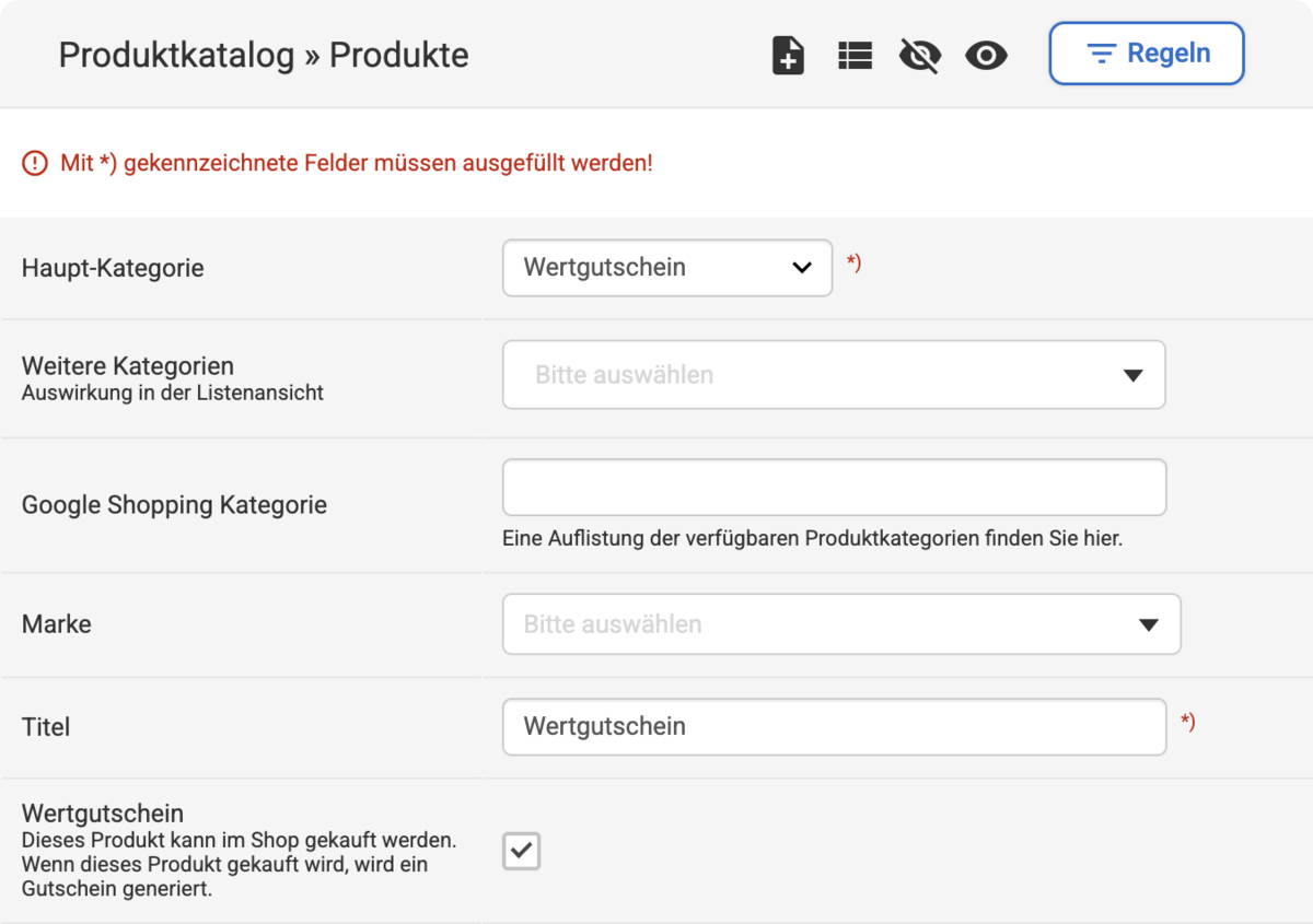 Eingabemaske bei Produkten mit der Checkbox Wertgutschein