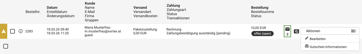 Bestellübersicht ohne automatisch erzeugtem Gutschein mit weniger Auswahlmöglichkeiten im Aktionen-Dropdown
