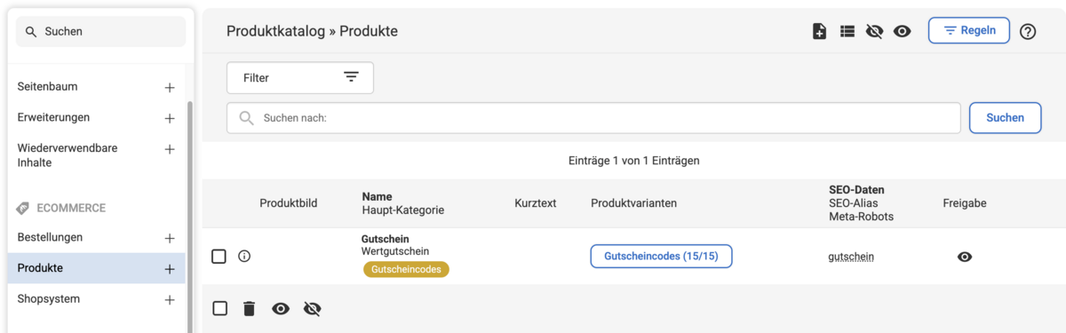Backend Listenübersicht bei den Produkten mit dem Gutschein-Produkt und dem Button für die Gutscheincodes