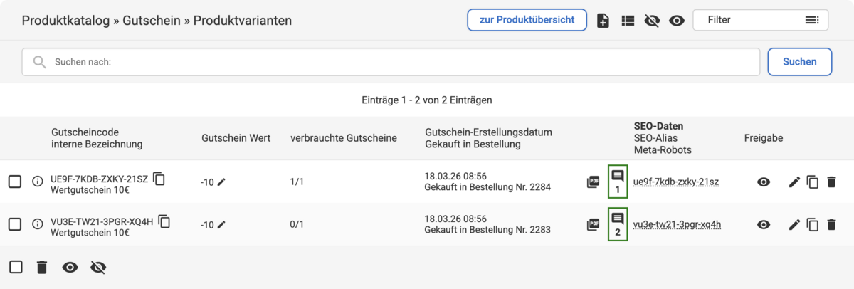 Listenübersicht bei den Gutscheincodes mit zwei Einträgen