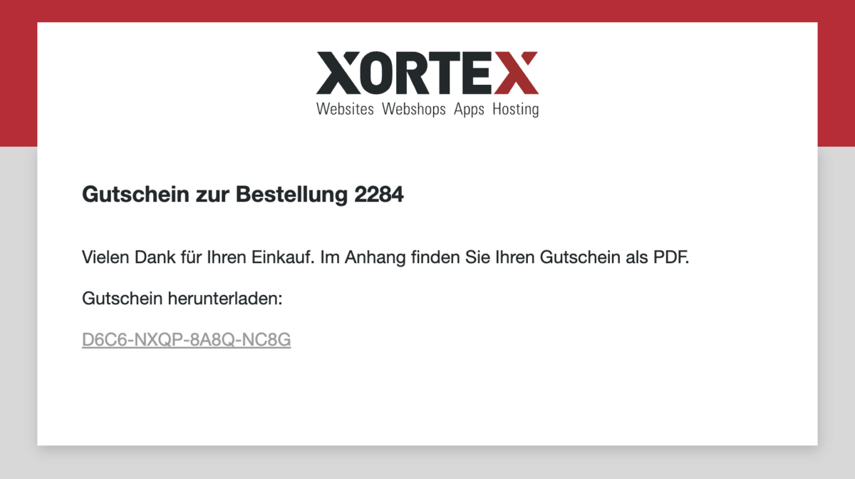 Beispiel für ein Gutschein-E-Mail, das mit Gutscheincode an die Kunden gesendet wird