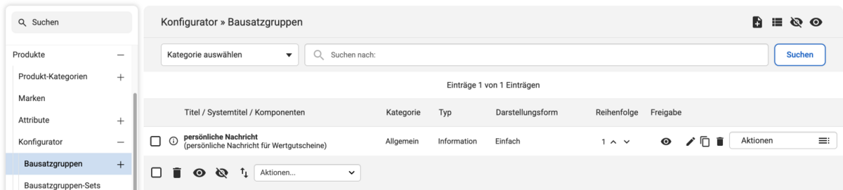 Listenübersicht bei Konfigurator-Bausatzzgruppen mit dem Eintrag persönliche Nachricht