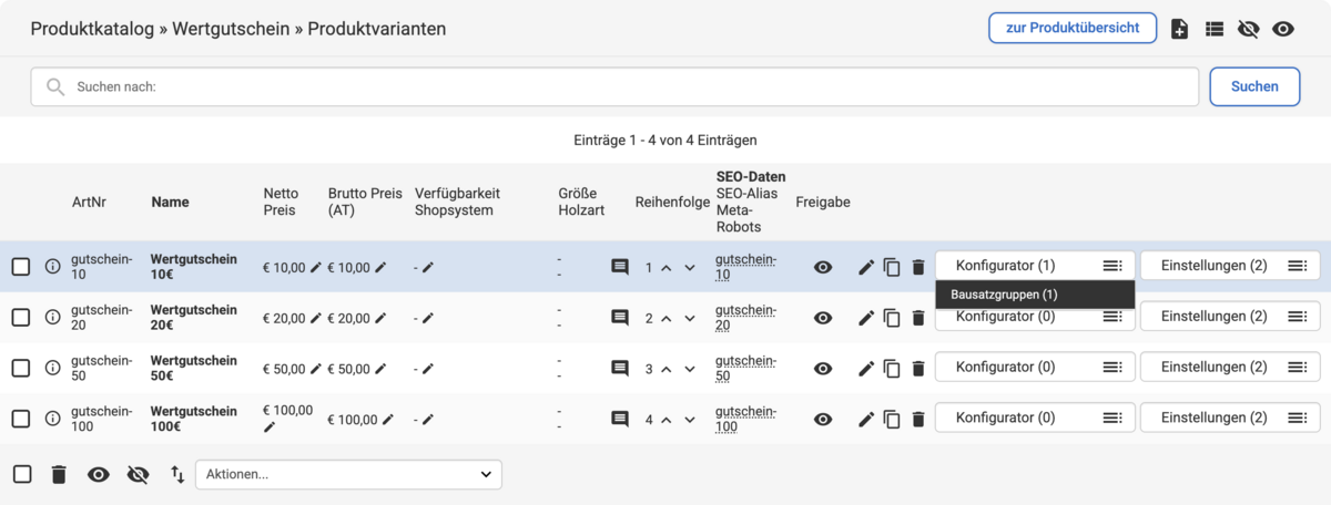 Listenübersicht bei den Produkt-Varianten mit dem geöffneten Konfigurator-Dropdown