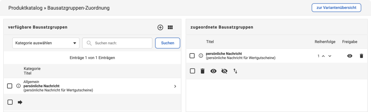 Bausatzgruppen-Zuordnung bei der die persönliche Nachricht zugeordnet wird