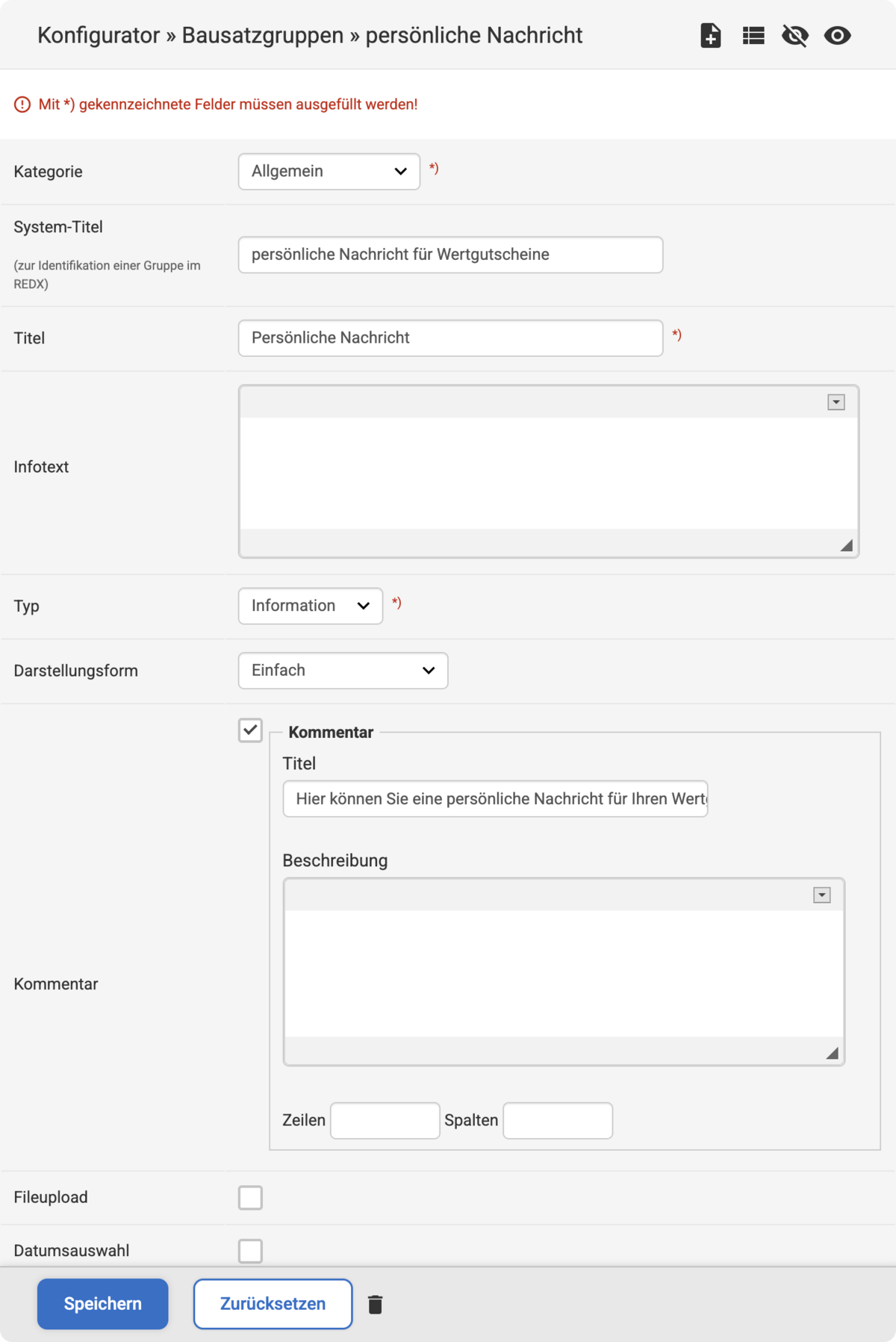 Eingabemaske bei den Bausatzgruppen zum Erstellen der persönlichen Nachricht