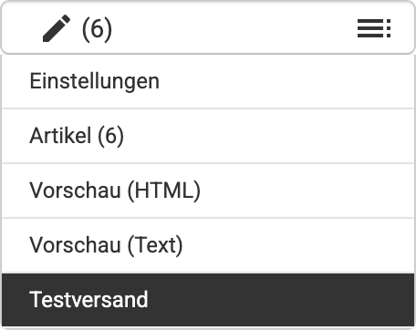 Im Backend geöffnetes Dropdown unter Newsabo mit Markierung bei Testversand