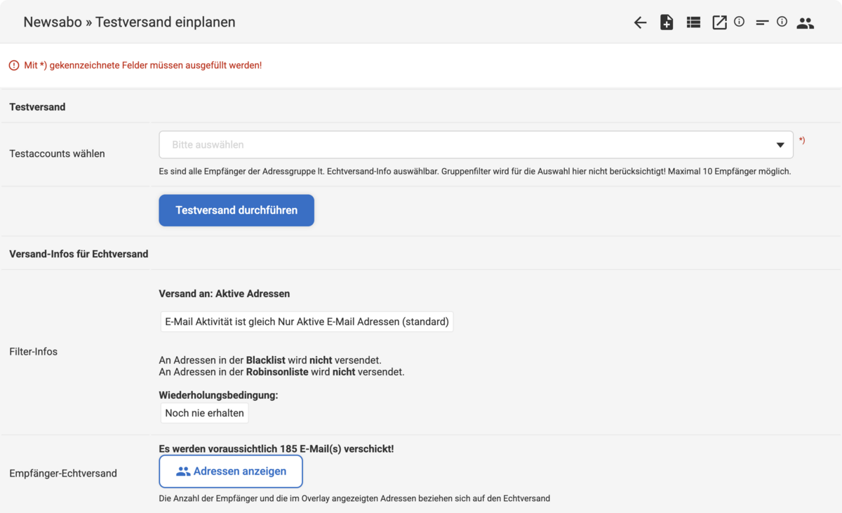 Backend Eingabemaske unter Newsabo Testversand einplanen mit dem Eingabefeld Testaccounts wählen
