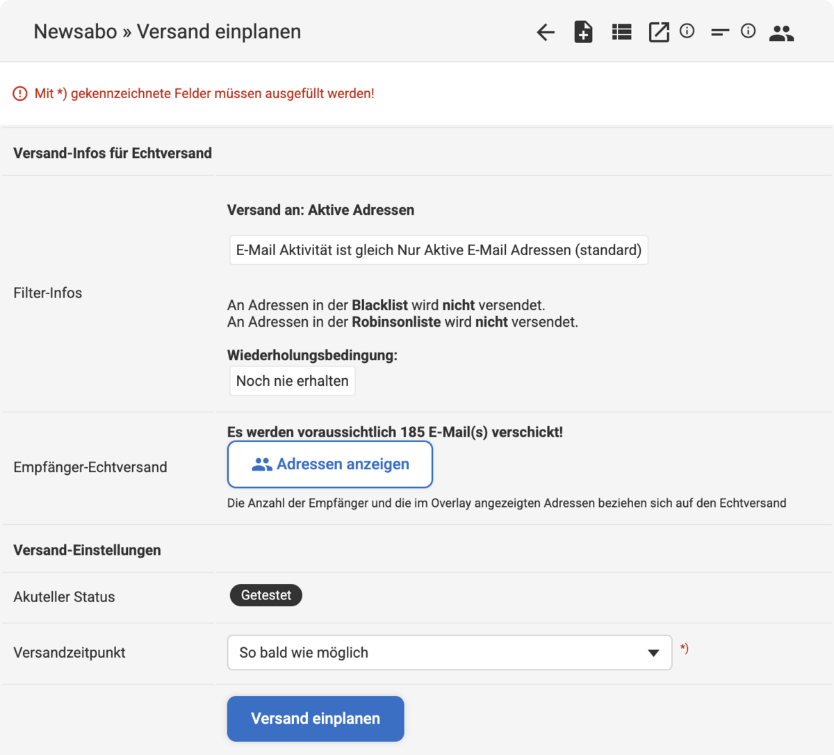 Backend Eingabemaske unter Newabo Versand eiplanen mit Versandzeitpunkt